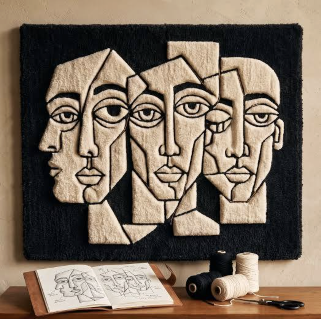Textile artwork depicting three interwoven faces in cream and charcoal