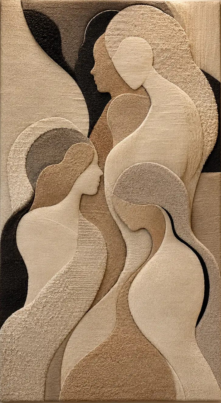 Textile relief artwork of layered female forms in cream, sand, and charcoal