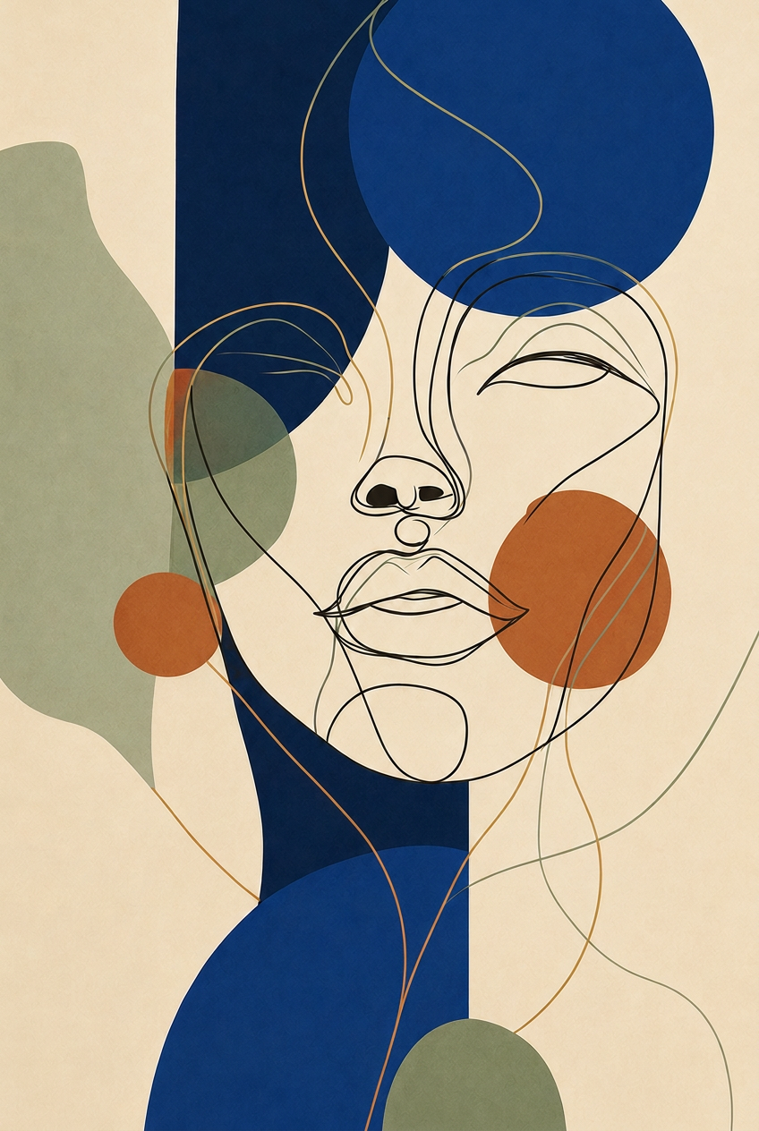 Abstract line-art portrait with terracotta accents